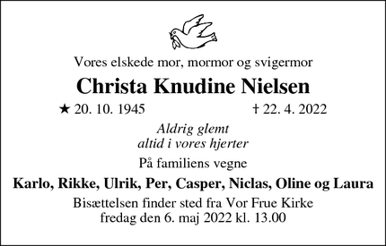 Dødsannoncen for Christa Knudine Nielsen - Assens