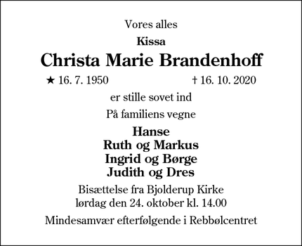 Dødsannoncen for Christa Marie Brandenhoff - Bolderslev