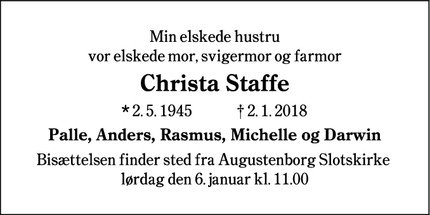 Dødsannoncen for Christa Staffe - Augustenborg