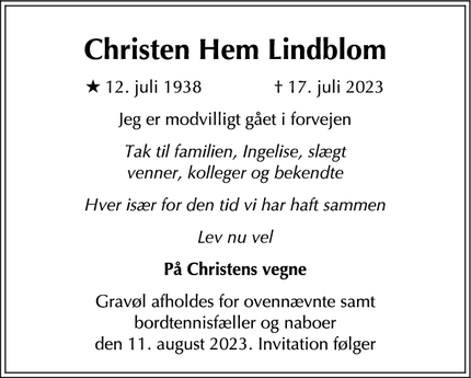 Dødsannoncen for Christen Hem Lindblom - København NV