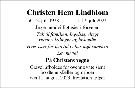 Dødsannoncen for Christen Hem Lindblom - København NV