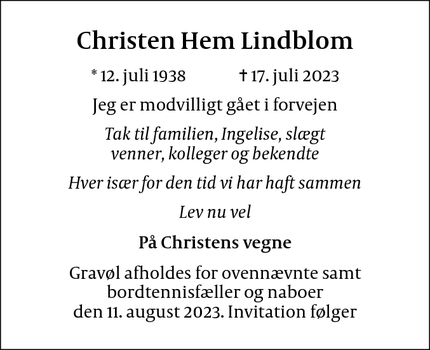 Dødsannoncen for Christen Hem Lindblom - København NV
