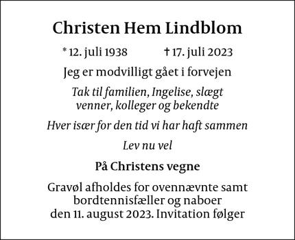 Dødsannoncen for Christen Hem Lindblom - København NV