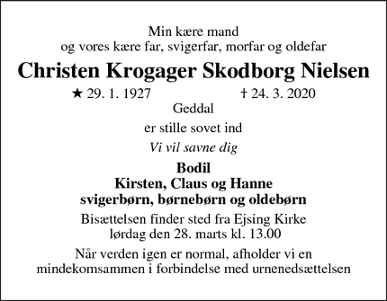 Dødsannoncen for Christen Krogager Skodborg Nielsen - Geddal