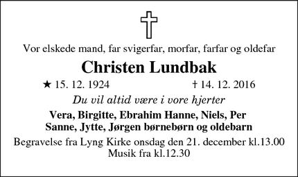 Dødsannoncen for Christen Lundbak - Fredericia
