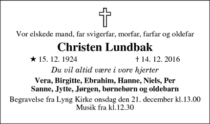 Dødsannoncen for Christen Lundbak - Fredericia