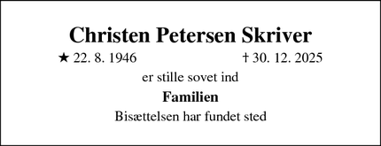 Dødsannoncen for Christen Petersen Skriver - Haderslev
