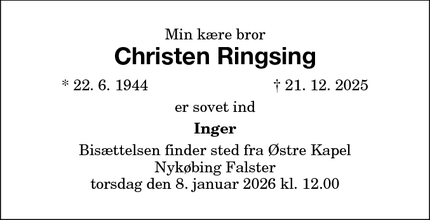 Dødsannoncen for Christen Ringsing - Nykøbing Falster 