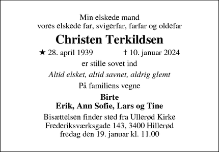 Dødsannoncen for Christen Terkildsen - Hillerød