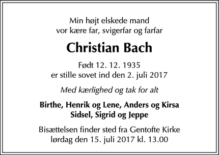 Dødsannoncen for Christian Bach - Hellerup
