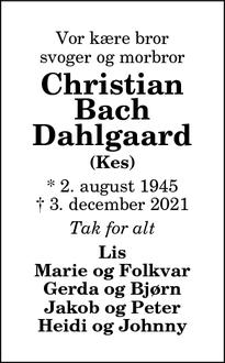 Dødsannoncen for Christian
Bach
Dahlgaard - Thisted