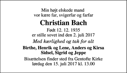 Dødsannoncen for Christian Bach - Hellerup