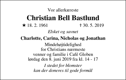 Dødsannoncen for Christian Bell Bastlund - København