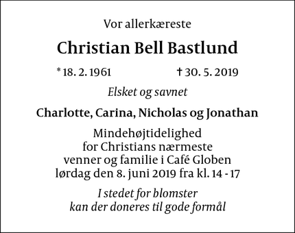 Dødsannoncen for Christian Bell Bastlund - København