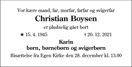 Dødsannoncen for Christian Boysen - Sønderborg