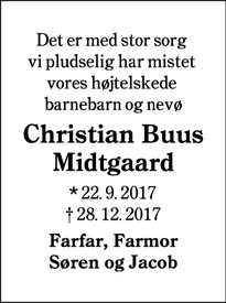Dødsannoncen for Christian Buus Midtgaard - Bække