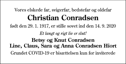 Dødsannoncen for Christian Conradsen - Aabenraa