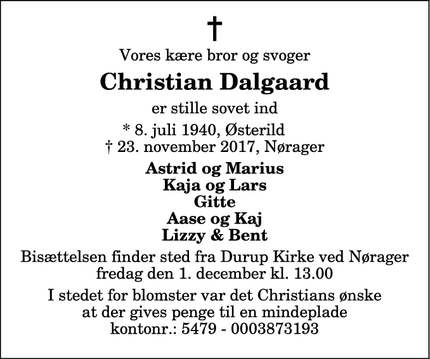 Dødsannoncen for Christian Dalgaard - Nørager - Skal under Thisted sektionen 