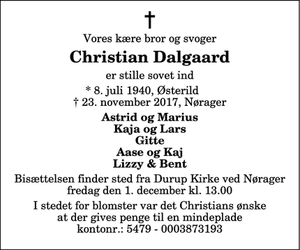 Dødsannoncen for Christian Dalgaard - Nørager - Skal under Thisted sektionen 