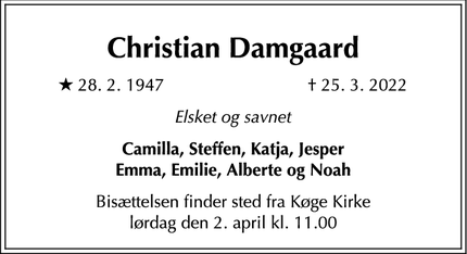Dødsannoncen for Christian Damgaard - København K