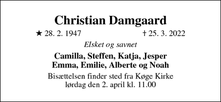 Dødsannoncen for Christian Damgaard - København K