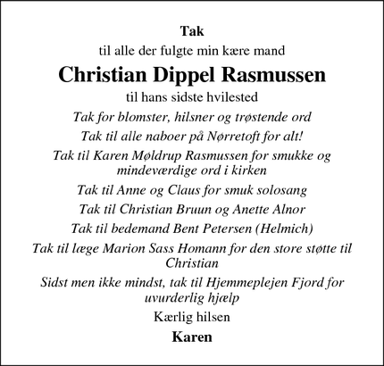 Taksigelsen for Christian Dippel Rasmussen - Vester Sottrup 6400 Sønderborg