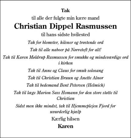 Taksigelsen for Christian Dippel Rasmussen - Vester Sottrup 6400 Sønderborg