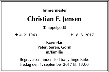 Dødsannoncen for Christian F. Jensen
(Knippelgodt) - Jægerspris