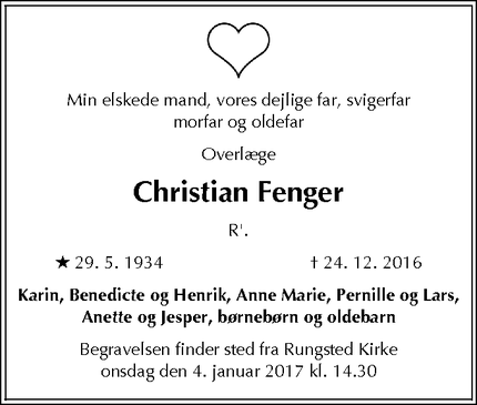 Dødsannoncen for Christian Fenger - Nivå