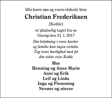 Dødsannoncen for Christian Frederiksen - Starup