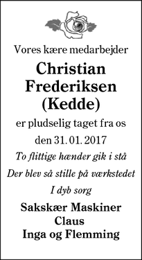 Dødsannoncen for Christian Frederiksen
(Kedde) - Starup