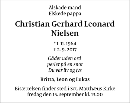 Dødsannoncen for Christian Gerhard Leonard Nielsen - København