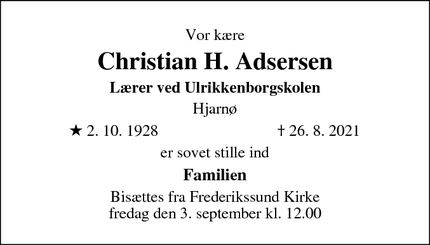 Dødsannoncen for Christian H. Adsersen - Lyngby