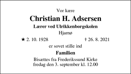 Dødsannoncen for Christian H. Adsersen - Lyngby