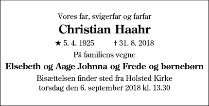 Dødsannoncen for Christian Haahr - Holsted