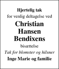 Taksigelsen for Christian Hansen Bendixens - Tønder