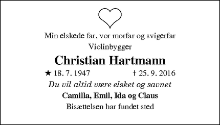 Dødsannoncen for Christian Hartmann - Århus
