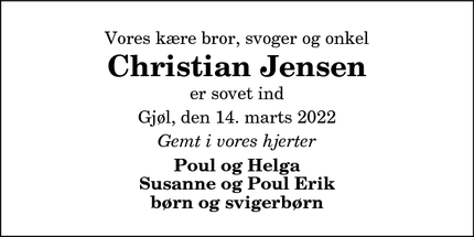 Dødsannoncen for Christian Jensen - Gjøl