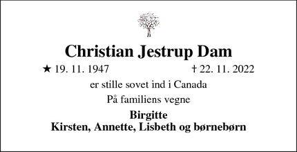 Dødsannoncen for Christian Jestrup Dam - Edmonton