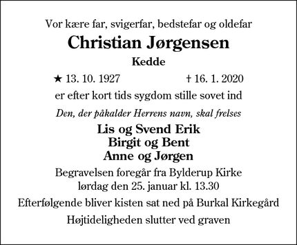 Dødsannoncen for Christian Jørgensen - Bylderup Bov