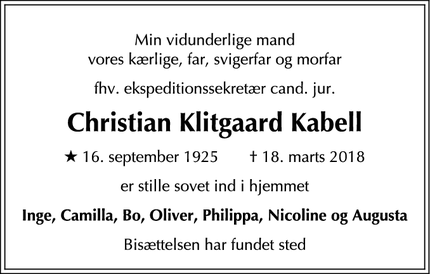 Dødsannoncen for Christian Klitgaard Kabell - Rungsted Kyst