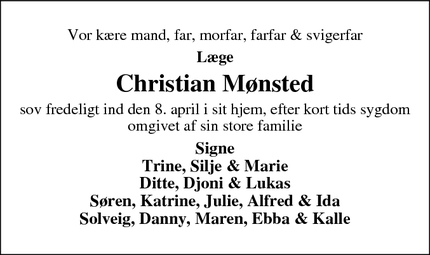 Dødsannoncen for Christian Mønsted - Juelsminde
