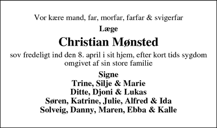 Dødsannoncen for Christian Mønsted - Juelsminde