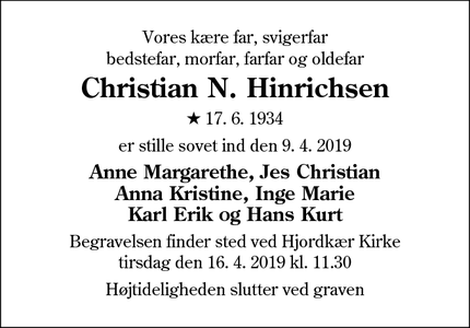 Dødsannoncen for Christian N. Hinrichsen - Aabenraa