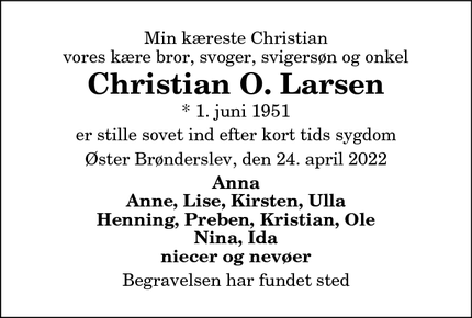 Dødsannoncen for Christian O. Larsen - Øster Brønderslev