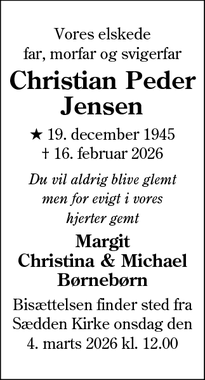 Dødsannoncen for Christian Peder Jensen - Esbjerg 