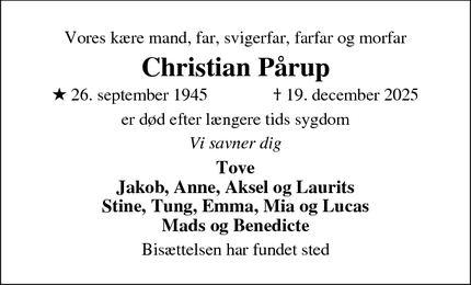 Dødsannoncen for Christian P&aring;rup - Skanderborg