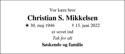 Dødsannoncen for Christian S. Mikkelsen - Sønder Omme