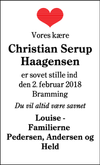 Dødsannoncen for Christian Serup Haagensen  - Bramming