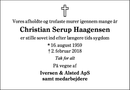 Dødsannoncen for Christian Serup Haagensen - Bramming